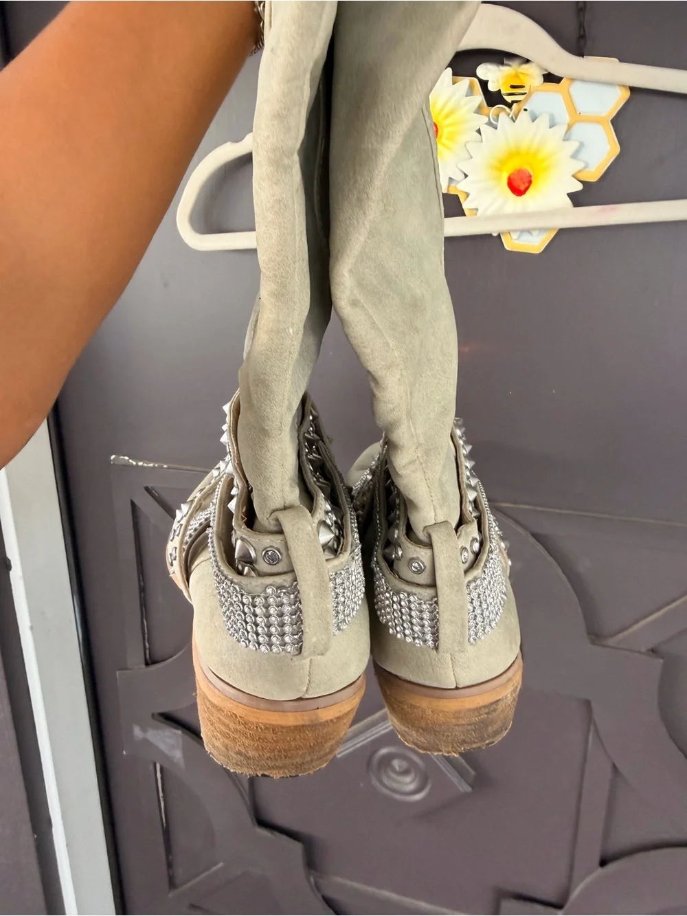 Not Rated Light Taupe Suede Mid-Calf Boots with Studded Wrap Straps - Women's